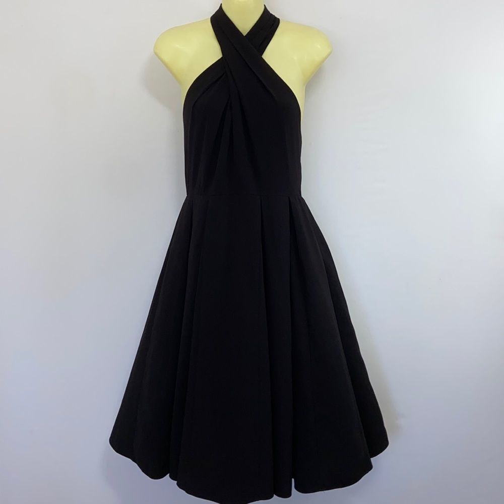 Halston Heritage Dress Black Crossover Fit & Flare Cocktail  Excellent Sz 4